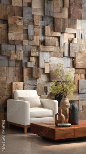 Modern living room with unique wooden wall decor and comfortable armchair.