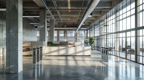 Modern Office Lobby with Large Windows and Concrete Pillars.