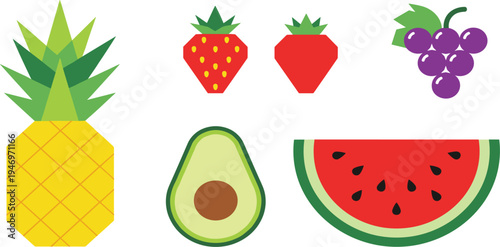 Minimalistic Fruit Icon Set Featuring Pineapple, Strawberry, Grape, Avocado, and Watermelon for Healthy Eating and Food Design