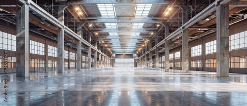 Spacious Empty Industrial Warehouse Interior with Concrete Floor and Large Windows.
