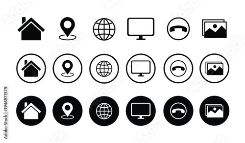 Universal contact and navigation icons: home, location pin, global web, computer, telephone, and images. Modern black and white silhouette symbols for corporate identity and web design.