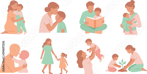 Gentle mother child bonding illustrations with hugging toddler kissing forehead reading book baby carrier holding hands planting seedling in peach mint green blush pink for family love design