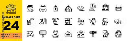 Pet Grooming, Boarding, and Animal Training Line Icons. Editable stroke icons for pet hotels and veterinary clinics. Featuring pet strollers, grooming tubs, cat trees, training whistles, pet carriers,