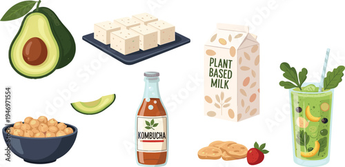 Plant-Based Food and Drink Icon Set Featuring Avocado, Tofu, Kombucha, Plant-Based Milk, and Smoothies for Healthy Lifestyle Designs