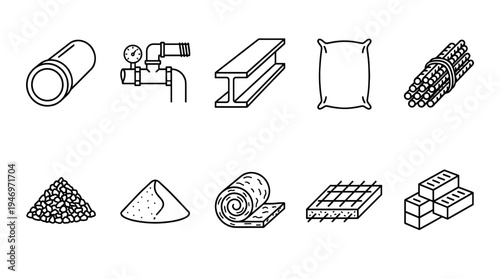 A minimalist vector illustration features a collection of building and construction material icons arranged in two rows on a white background.