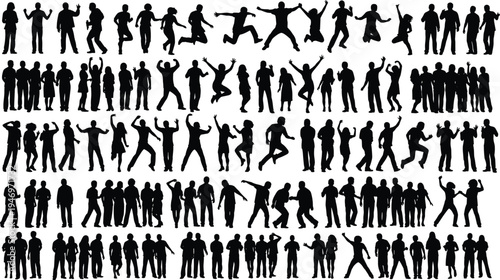 Large collection of black people silhouettes jumping dancing and celebrating in active poses isolated on white background for success energy and community concepts.