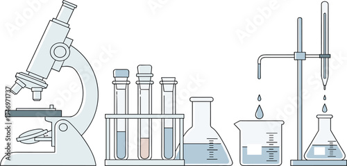 Scientific Laboratory Equipment Icon Set Featuring Microscope, Test Tubes, Beakers, and Burette for Research and Education Designs