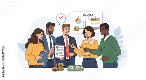 Diverse business team collaborating on budget planning and financial strategy, reviewing documents and discussing expenses in a modern office vector illustration