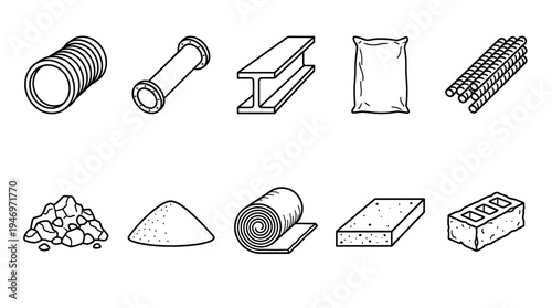 This black and white line art illustration features a collection of various construction materials icons arranged in two rows on a white background.