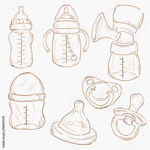 Newborn Baby Feeding Bottle and Pacifier Sketch Illustration Set. Hand Drawn Infant Feeding Accessories Line Art for Parenting Blog Graphics, Baby Shower Invitation, and Nursery Poster