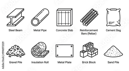 A clean, modern vector illustration displaying a collection of iconic construction materials essential for building and renovation projects.