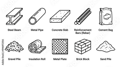 This is a collection of outline style icons representing various construction materials like steel beams, pipes, concrete, and brick.
