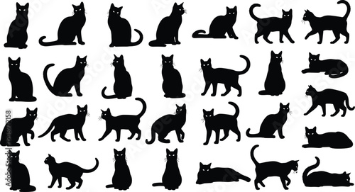 Mega collection of black cat silhouettes in various feline poses including sitting walking stretching and playing isolated on a white background for animal graphic design