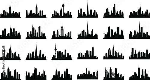 Mega collection of black city skyline silhouettes isolated on white background for urban architecture logos, travel branding, metropolitan travel icons, and modern townscape design