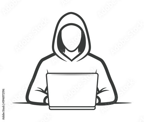 Hooded figure is shown using a laptop computer in this minimalist vector.
