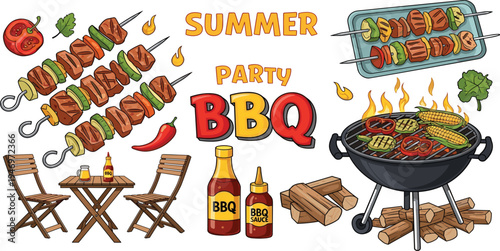 Summer BBQ Party Icon Set Featuring Grilled Meat, Vegetables, BBQ Sauce, and Outdoor Dining for Summer Celebration Designs
