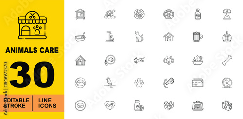 Comprehensive Pet Care & Veterinary Icons. Editable stroke vector icons for domestic animal services. Featuring pet baths, grooming whistles, cat trees, bird cages, veterinary clinics, and first aid