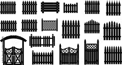 Mega collection of black picket fence silhouettes and ornate gothic gate icons featuring various wooden, metal, and wrought iron designs for architectural landscaping and boundaries.