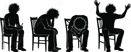 Sad man silhouette sitting on chair set, depressed guy feeling lonely and stressed, mental health problem vector illustration, isolated on white.