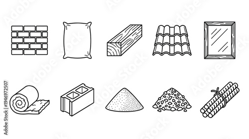 A clean line art collection of essential construction materials, including bricks, cement bag, wood, roof tiles, and rebar, ideal for design projects.