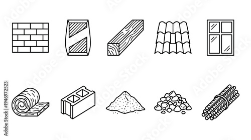 A simple line art collection of construction materials including bricks, cement bag, wood, roof tiles, window, insulation, concrete block, sand, gravel, and rebar.