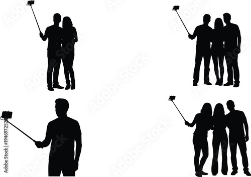 People taking selfie with smartphone on selfie stick silhouettes, friends and couple photography poses isolated on white background