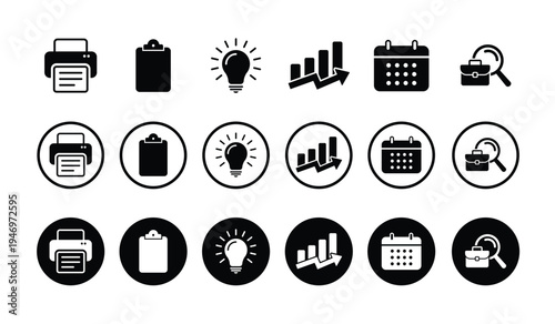 Office equipment and progress icons featuring printer, clipboard, glowing bulb, upward arrow chart, calendar, and job hunting tools. Versatile icons for productivity and workflow design.