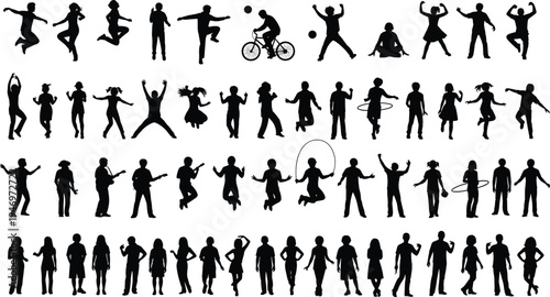 Mega collection of diverse children and youth silhouettes in various active poses including jumping playing cycling dancing and standing isolated on white background