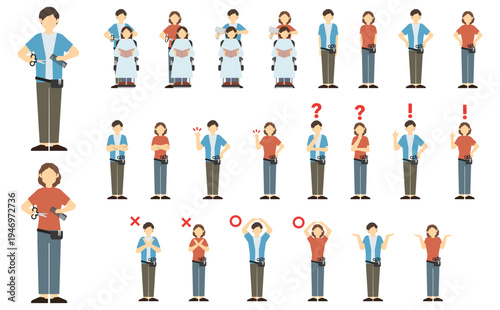 フラットイラスト：男女の美容師セット(正面)