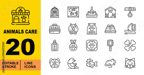 Pet Supplies & Domestic Care Icons. Editable stroke vector icons for pet stores. Featuring bird cages, aquariums, litter boxes, pet carriers, grooming scissors, and pet food bags for veterinary 