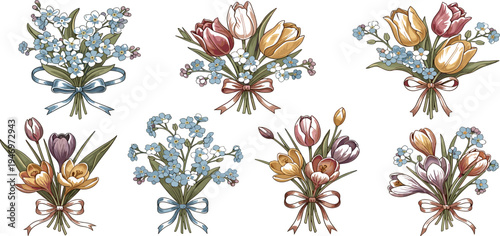 Vintage Floral Bouquets with Tulips and Forget-Me-Nots Tied with Ribbons for Elegant Gift and Celebration Designs