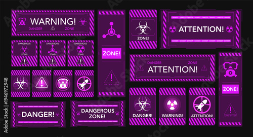 Glowing cyberpunk warning interface with radiation and biohazard symbols. Futuristic danger zone alert panel, neon technology dashboard design.