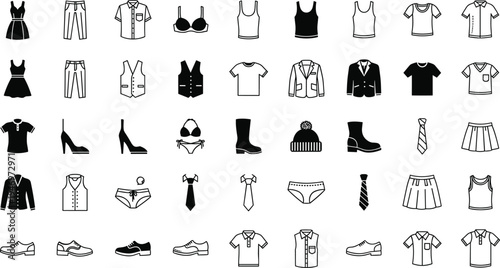 Mega collection of flat clothing and apparel icons including dresses shirts pants shoes and accessories isolated on a white background for fashion design