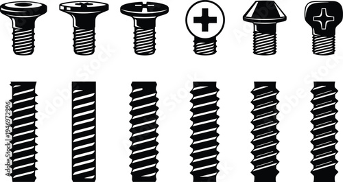 Screw and bolt silhouette set, hardware industrial fasteners vector illustration, construction metal tool elements, isolated screw heads on white background, design.