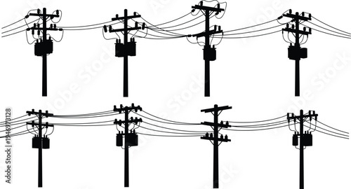 Set of black silhouettes of electric utility poles with power line transformers and overhead distribution wires isolated on white background