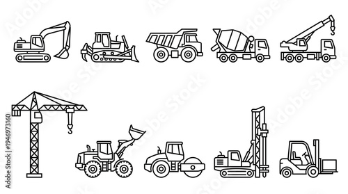A clean, black and white line art illustration featuring a collection of various construction vehicles, perfect for use in presentations, websites, or print materials.