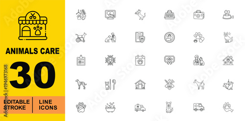 Pet Care, Veterinary Clinic, and Animal Welfare Line Icons. Editable stroke icons for advanced pet services. Featuring dog wheelchairs, pet microchipping, heart rate monitors, veterinary certificates