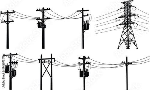 Set of black silhouettes of electric transmission towers, utility poles with transformers, and overhead power lines isolated on white background, industrial