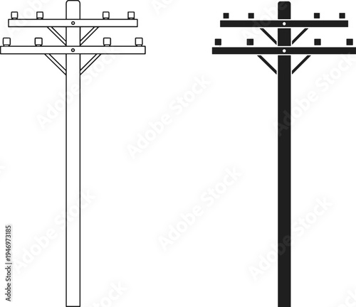 Black silhouette and line art outline of electric utility pole isolated on white background for industrial power and energy concept