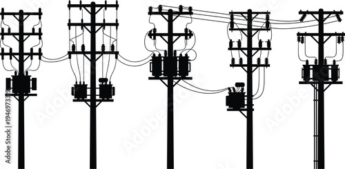 Black silhouette set of electric utility poles with power line transformers and overhead cables isolated on white background for industrial industry