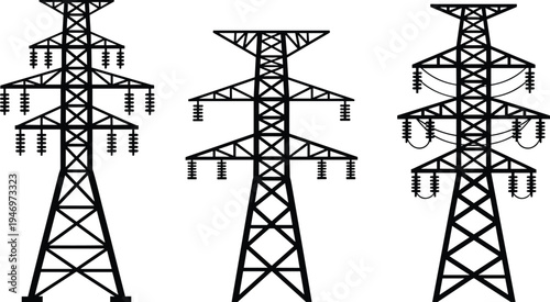 Black silhouette set of electric transmission towers, high voltage pylons, and industrial power grid infrastructure isolated on white background for energy