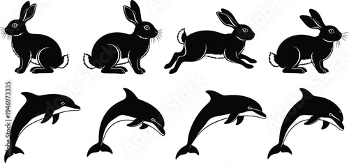 Black silhouettes of rabbits and dolphins on white background