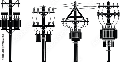 Black silhouette set of electric utility poles with power line transformers and overhead distribution wires isolated on white background for industry
