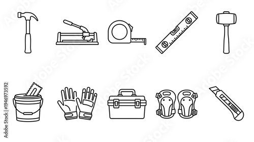 A collection of line art icons depicting various construction and DIY tools, presented against a clean white background. This set includes a hammer, tile cutter, tape measure, level, mallet.