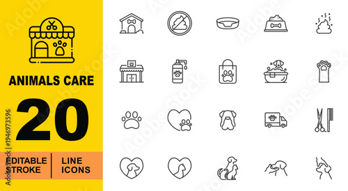 Pet Services & Domestic Animal Care Icons. Editable stroke vector icons for pet ownership. Featuring dog grooming, pet delivery trucks, animal clinic buildings, adoption hearts, and cleaning symbols