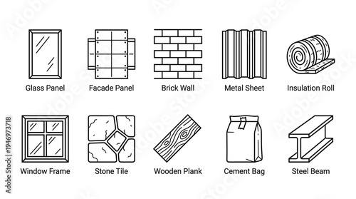 A collection of ten simple, line-art icons representing various building materials and construction elements on a white background.