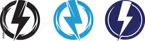 Three lightning bolt logos in black blue and dark blue colors with white accents
