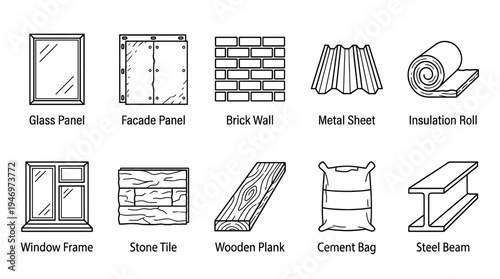 A collection of ten line art icons representing various building and construction materials, including glass, metal, wood, and stone, on a white background.