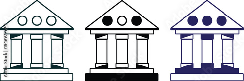 Three stylized illustrations of ancient greek or roman columns with triangular pediments