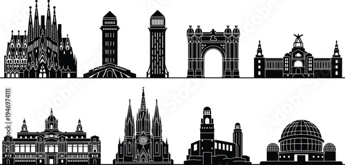 Barcelona architectural landmarks silhouette, Sagrada Família, Arc de Triomf, iconic buildings, cultural heritage, cityscape design, tourism concept, cad drawing flat vector illustration